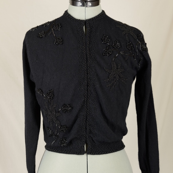 Macy's Black Floral Beaded Lambswool Sweater - Picture 1 of 7